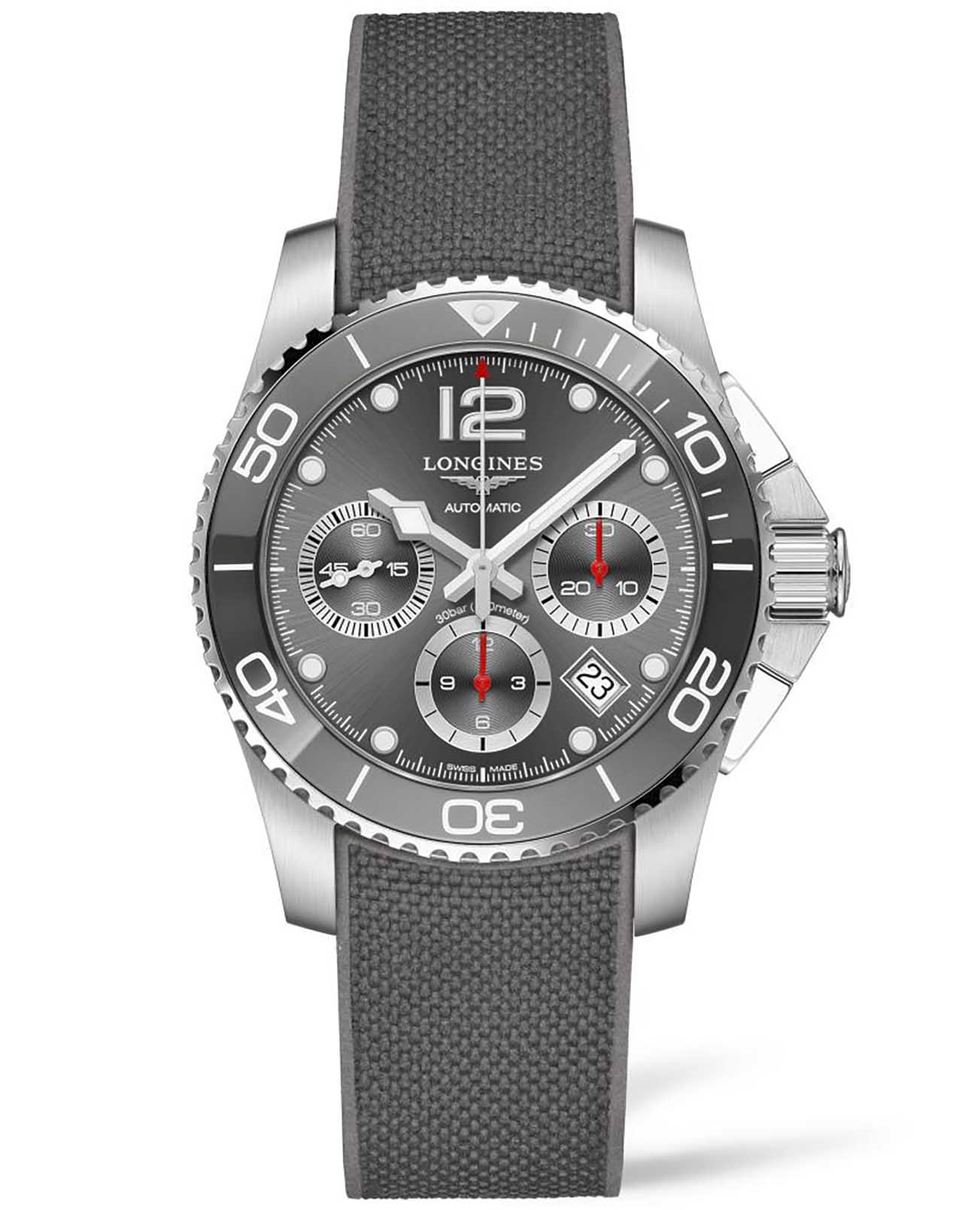 Longines Longines HydroConquest L3.783.4.76.9  L37834769 механические мужские часы серый циферблат, браслет каучук — вид спереди